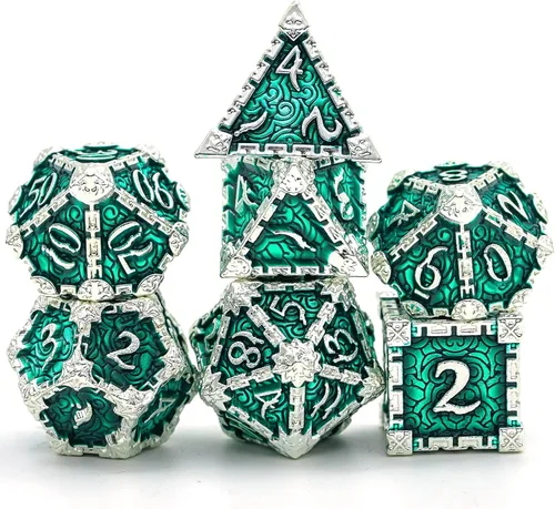 Miniatura 14 de Cusdie 7 dados de metal con caja de metal, juego de dados poliédricos DND con diseño de daga, para juegos de rol, dados D&D (negro con fuente roja)