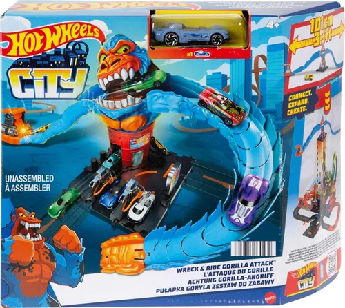 Hot Wheels City Wreck & Ride Gorilla Attack con 1 auto, se conecta a otros juegos, juego temático de gasolinera, regalo para niños de 4 a 8 años