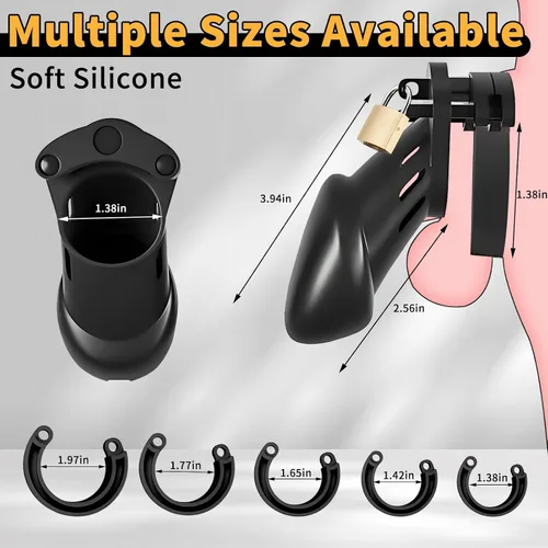 Miniatura 2 de Jaula de castidad masculina, dispositivo de castidad de silicona grande, jaula para el pene, cinturón de castidad masculina con 5 tamaños de anillos