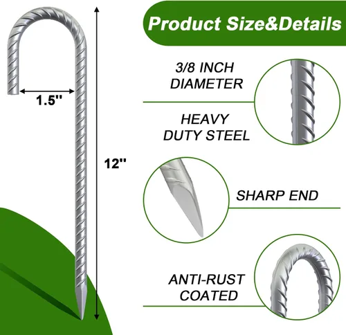 Miniatura 2 de AAGUT Estacas de barra de refuerzo de 12 pulgadas con gancho en J resistente, paquete de 12 unidades, anclajes de acero galvanizado de 3/8 pulgadas