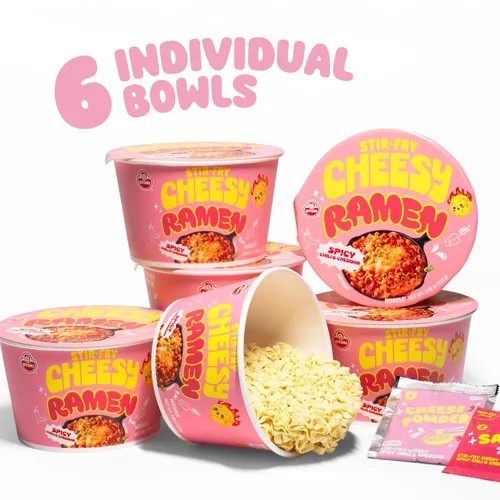 Miniatura 5 de Ramen salteado con queso (tazón) – Sabor picante de chile y cheddar Fideos instantáneos coreanos atrevidos, cremosos y con queso 3.88 oz