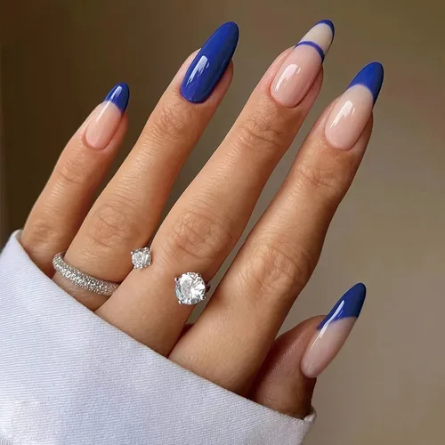 BABALAL Uñas postizas a presión de almendra, uñas postizas de longitud media, uñas acrílicas brillantes, color azul, francesas, con pegamento, 24