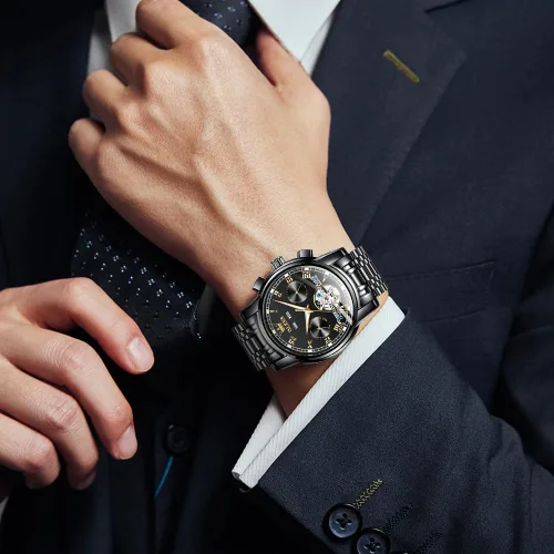 Miniatura 4 de OLEVS Relojes automáticos para hombre, reloj mecánico automático de vestir Tourbillon de acero inoxidable con doble calendario, impermeable