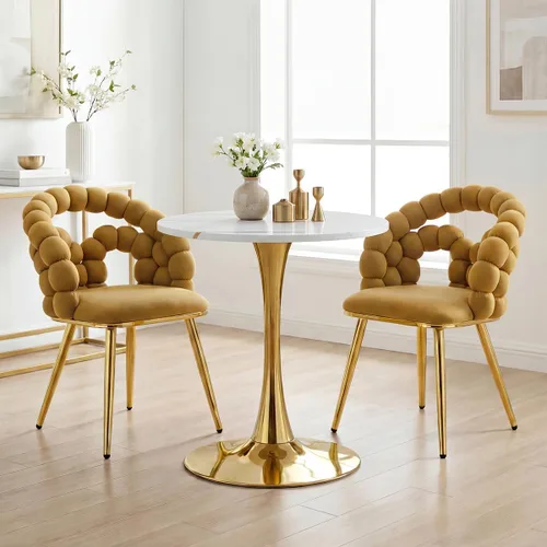 Juego de 2 sillas de comedor de terciopelo, sillas decorativas tapizadas amarillas, sillas de barril con patas doradas para comedor, maquillaje o