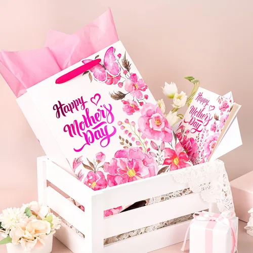 Miniatura 3 de LeZakaa Bolsa de regalo para el día de la madre, letras del día de la madre, diseño floral rosa, mariposa y papel de aluminio rosa, bolsa de regalo