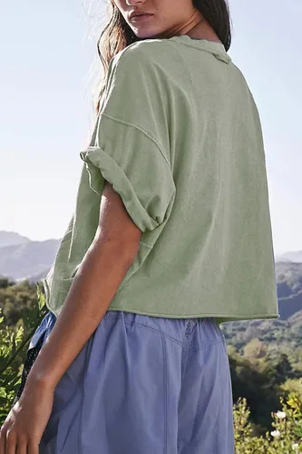 Miniatura 4 de Camisetas cortas de entrenamiento de gran tamaño para mujer, estilo casual, de manga corta, hombros caídos, con dobladillo enrollable, básicas