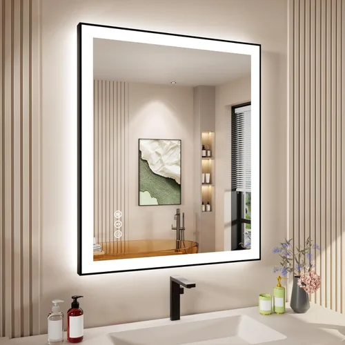 Miniatura 92 de Espejo de baño LED de 60x36 pulgadas con marco negro, espejos de baño retroiluminados y con luz frontal para pared, antiempañamiento, regulable