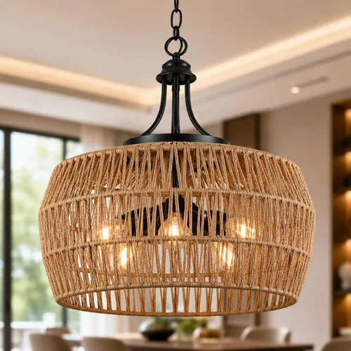Miniatura 9 de Lámpara de araña bohemia de granja de 12.6 pulgadas para comedor, lámpara de ratán de 3 luces con pantalla tejida, iluminación colgante costera