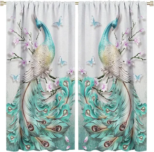 Miniatura 12 de Cortina opaca con estampado de pavo real, con estampado de animales retro, con bolsillo para cortinero y flores de peonía doradas, para dormitorio