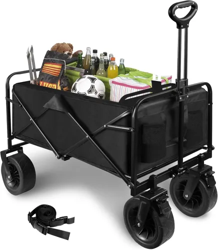 Carro de jardín plegable para exteriores con ruedas todoterreno de 8 pulgadas, mango ajustable y portavasos para campamento, picnic, negro, YD01