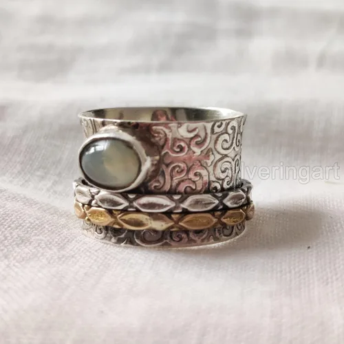 Miniatura 4 de Natural Opal Spinner Band, October Birthstone, Meditation Ring, 925 Sterling Silver Ring, Spinning Ring, Two Tone Ring, Fidget Ring, Handmade