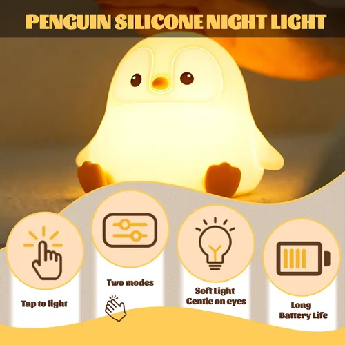 Miniatura 3 de Luz nocturna de pingüino para guardería, lámpara LED de silicona blanda, 2 niveles regulables, luz nocturna para niños, luz táctil, lámpara