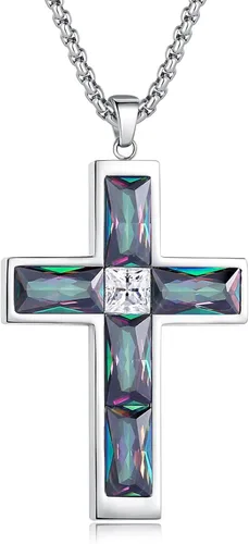 Collar de cruz con piedra de nacimiento para hombre, collar de cruz de acero inoxidable 316L con colgante de cruz de circonia cúbica para mujer,