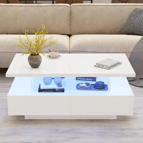 Miniatura 3 de MHOM Mesa de centro LED de 41.3 pulgadas, moderna mesa de sala de estar de alto brillo con 4 cajones, elegante mesa central para sala de estar, Negro