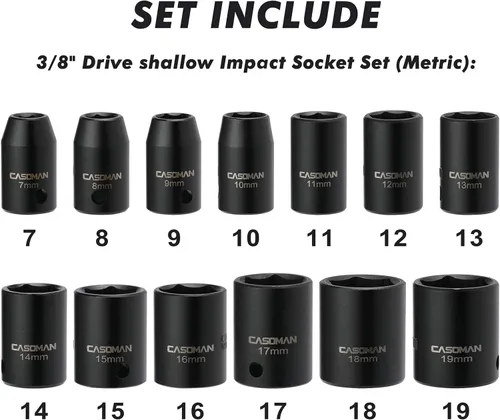Miniatura 2 de CASOMAN Juego de 13 piezas de llaves de impacto de 3/8 de pulgada, 6 puntos, métricas, poco profundas, CR-V, de 7 mm a 19 mm, estuche