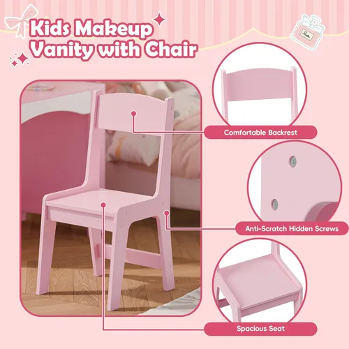 Miniatura 7 de MU Tocador infantil con luces, juego de mesa y silla de maquillaje de princesa para niñas, escritorio de tocador para niños pequeños con estantería