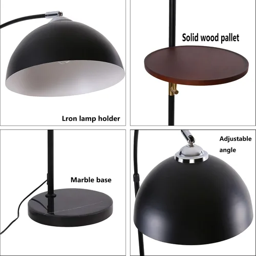 Miniatura 9 de Lámpara de pie industrial con mesa de madera, moderna lámpara de pie de arco negro para sala de estar, lámpara de poste de pie con base de mármol