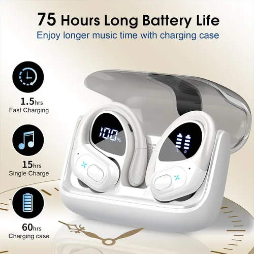 Miniatura 2 de Auriculares inalámbricos Bluetooth 5.4 de 75 horas para deporte, auriculares Bluetooth 2025 estéreo con graves profundos sobre la oreja con ganchos