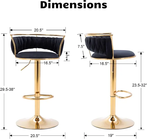 Miniatura 2 de HEAH-YO Juego de 2 taburetes de bar tejidos, taburetes de bar ajustables con respaldo y base dorada maciza, taburetes de cocina giratorios de Negro