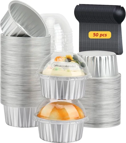 Miniatura 8 de Jumbo 5oz 148ml de papel de aluminio para cupcakes con tapas, juego de 50, Free-Air, ramequines desechables, moldes para magdalenas, mini moldes