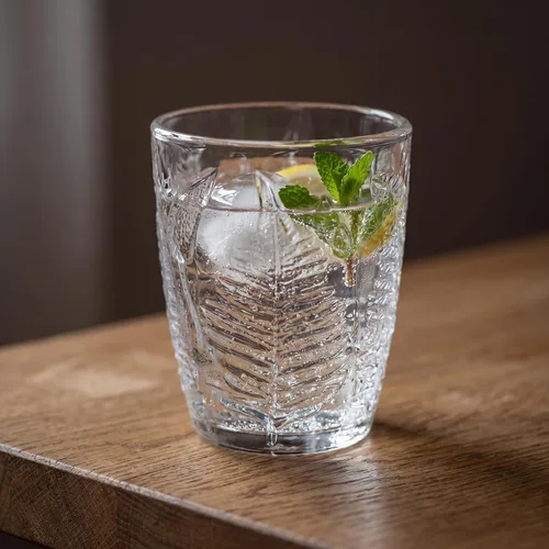 Miniatura 6 de Juego de 4 vasos vintage de vidrio transparente prensado a mano de 10 onzas, cristalería retro en relieve de helecho, vasos texturizados para agua