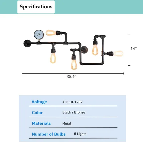 Miniatura 8 de Aplique de pared de tubería de agua industrial, lámpara de montaje en pared punk de vapor, lámpara de pared fresca de 35.4 pulgadas para dormitorio