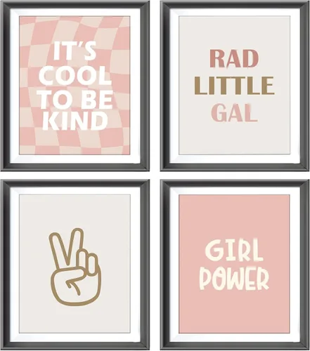 Rad Little Gal - Póster retro de color rosa y beige con signo de paz a cuadros para niña, adolescente, decoración de dormitorio, decoración de