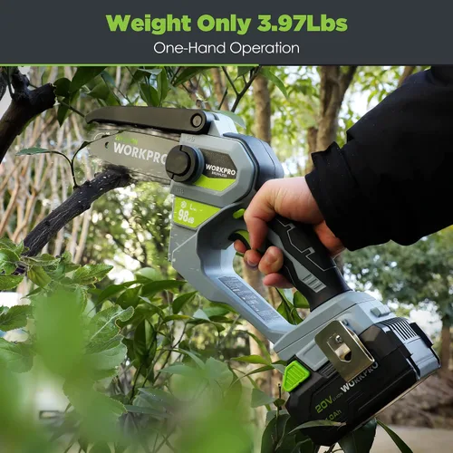 Miniatura 4 de WORKPRO Mini motosierra, motosierra compacta sin escobillas de 6.3 pulgadas con batería de 4.0 Ah, sierra de madera portátil de 20 V con una sola