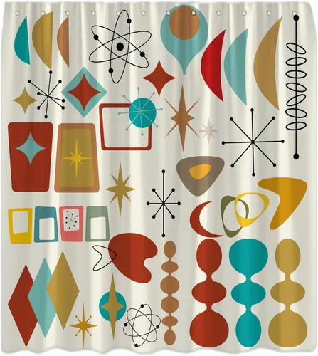 Mid Century Shower Curtain Retro Atomic Abstract Modern Geometric Space Sputnik Vintage 1950s 60s Aesthetic Bathroom Curtains Decor with Hooks