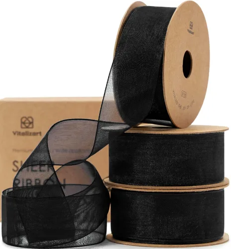 Vitalizart Cinta negra de organza transparente de 1 pulgada x 30 yardas, cintas de tela hechas a mano para envolver regalos, árbol de Navidad,