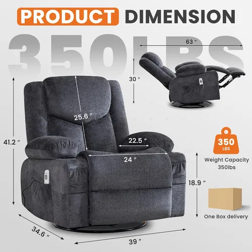 Miniatura 2 de Silla reclinable giratoria para adultos, reclinable de gran tamaño con masaje y calor lumbar, mecedora con bolsillo lateral, 2 portavasos para sala