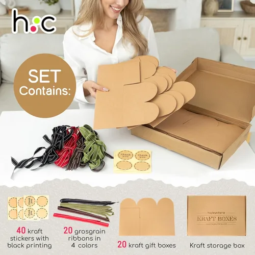 Miniatura 4 de Cajas de galletas grandes de papel kraft marrón con cintas y calcomanías (paquete de 20) cajas de regalo decorativas de 9 x 5.5 pulgadas