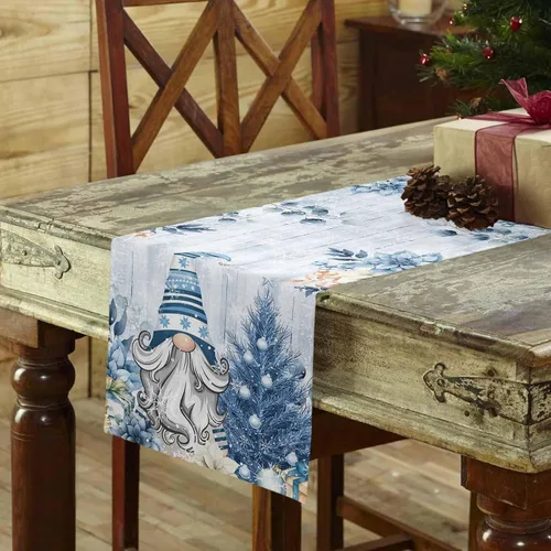 Miniatura 3 de Camino de mesa de Navidad, algodón y lino, bufandas de tocador de vacaciones de 36 pulgadas, gnomos de eucalipto azul retro, diseño de copos