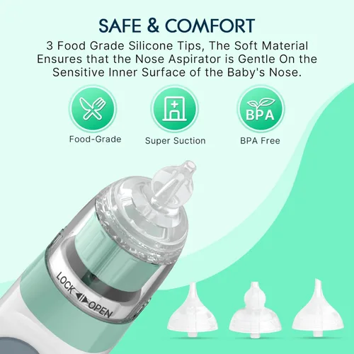 Miniatura 13 de Aspirador nasal eléctrico para bebé, aspirador de nariz para niños pequeños, chupón de nariz impermeable para bebé, limpiador de nariz con 3 puntas