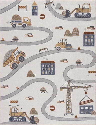 Hauteloom Olwen - Alfombra lavable a máquina, para habitación de niños, guardería, sala de juegos, carretera, vehículos de construcción, color gris