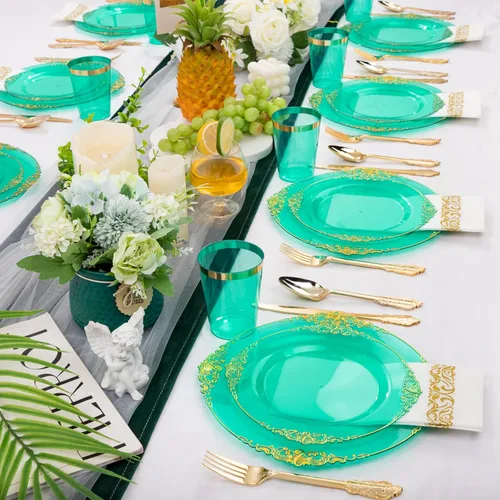 Miniatura 9 de Hioasis 175 platos de plástico verde transparente, elegante juego de vajilla desechable adecuado para 25 invitados, incluye platos de cena de 10.25