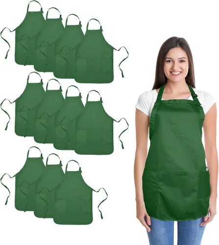 Miniatura 25 de Delantal de cocina para restaurante u hogar, estilo pechera, de hilado de poli algodón (2 bolsillos), Algodón, Negro, 30