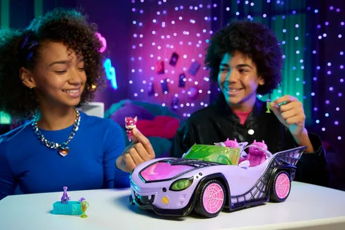 Miniatura 2 de Coche de juguete Monster High, vehículo Ghoul con accesorios para mascotas y enfriadores, convertible púrpura con detalles de telaraña