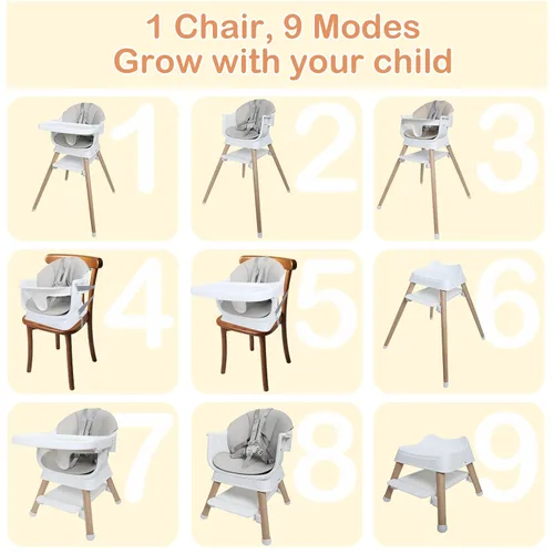 Miniatura 2 de Silla alta convertible 9 en 1 con asiento elevador, trona de madera para bebés y niños pequeños con bandeja extraíble y arnés de 5 puntos, asiento