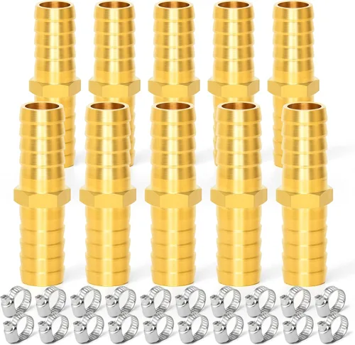 Miniatura 14 de GASHER 20 Piezas Reductor de Púas de Manguera de Latón, 1/2 Pulgada a 1/2 Pulgada (12.7mm) ID de Manguera con 40 Abrazaderas de Manguera, Reductor