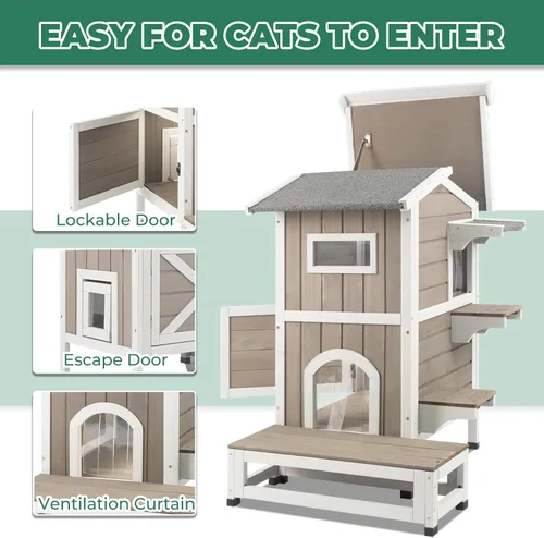 Miniatura 5 de Casa para gatos al aire libre resistente a la intemperie, casa de madera para gatos de dos pisos con techo que se puede abrir, 4 puertas, balcón
