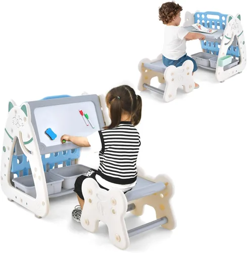 Miniatura 10 de Costzon Caballete de arte 3 en 1 para niños, pizarra magnética de borrado en seco de doble cara y estante para libros para niños con silla