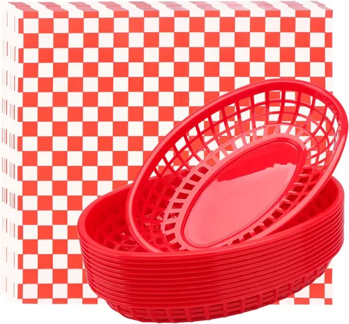 Miniatura 8 de EUSOAR Cestas de hamburguesa y forros de papel, 12 cestas reutilizables de plástico negro de 9.4 x 5.9 pulgadas para servir alimentos y 10 x 11