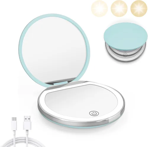 Miniatura 8 de Kakuje Espejo compacto con luz, espejo de bolsillo LED de aumento 1X/3X con cable de datos USB, mini espejo para bolso, bolsillo, viaje y regalo
