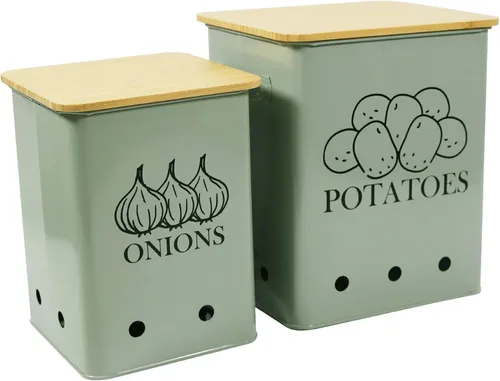 Miniatura 9 de Juego de 2 latas de almacenamiento de verduras de cocina, cebolla y papas con tapa de madera y agujeros de aireación, organizador de contenedor