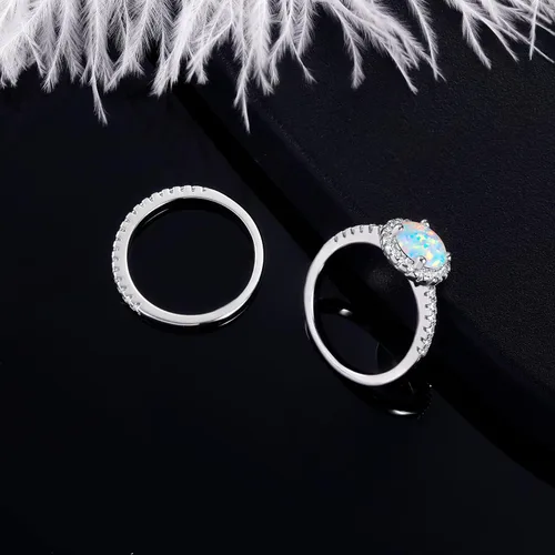Miniatura 3 de MDFUN - Anillo de compromiso con halo de ópalo para mujer, anillo de circonia cúbica creado de 2 en 1, chapado en oro blanco de 18 quilates, anillos