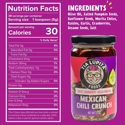Miniatura 3 de Tía Lupita Mexican Chili Crunch – Salsa Macha, Aceite de Chile Morita Crujiente Sin gluten, sin OMG, vegano Variedad de arándano y maní