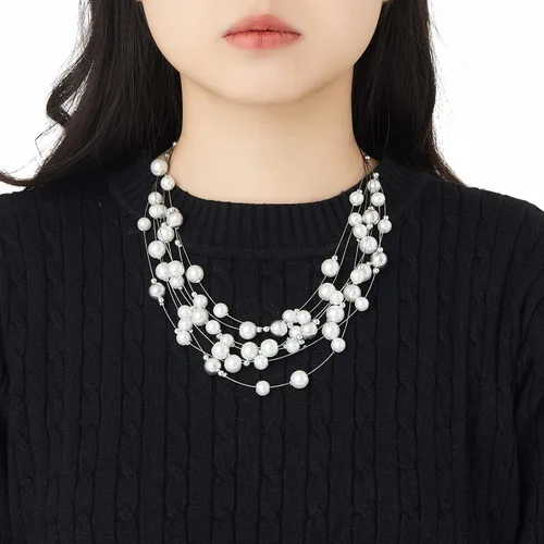 Miniatura 5 de Collar de perlas en capas de múltiples hebras, gargantilla de perlas para mujer, joyería de cuentas para bodas y fiestas