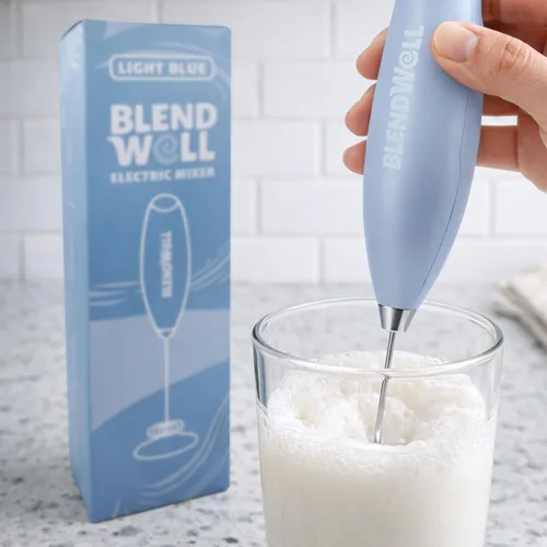 Miniatura 5 de BlendWell Espumador de leche eléctrico para matcha y café, mezclador de bebidas de mano con batería, con soporte, batidor de acero inoxidable, azul