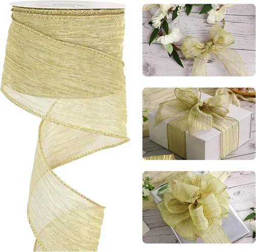 Miniatura 10 de HUIHUANG Cinta verde musgo con alambre de 2.5 pulgadas, seda arrugada verde con cinta de Navidad metálica dorada para suministros de corona, boda